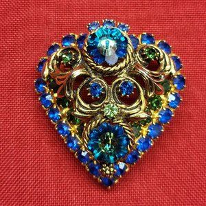 Vintage Heliotrope Margarita Peacock Blue Rhinestone Gold Tone Brooch Heart